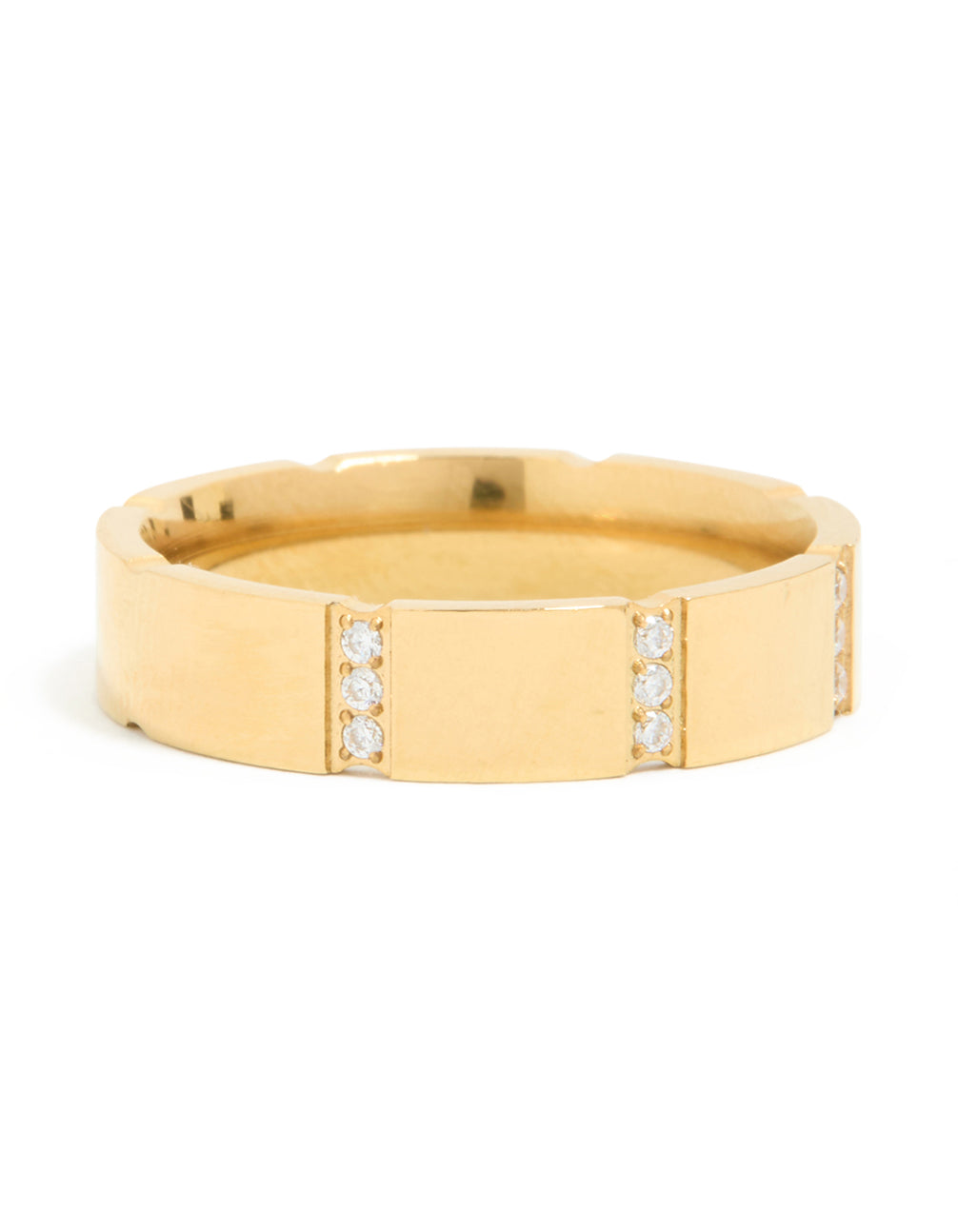 Showcasing a waterproof trio stripe ring crafted from stainless steel with cubic zirconia accents front view