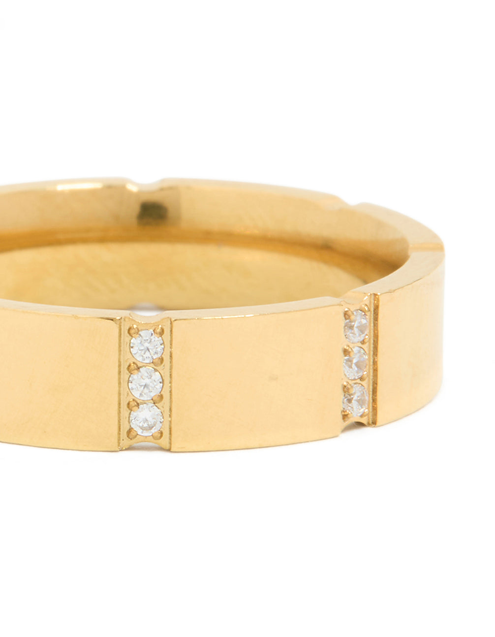 Highlighting the waterproof gold plated stainless steel cubic zirconia trio stripe ring close up view