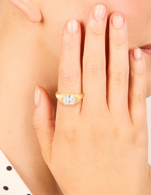 Waterproof Gold Plated Stainless Steel Oval Cubic Zirconia Ribbed Ring