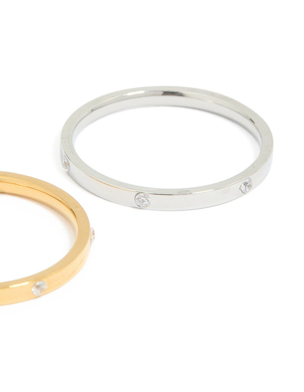Highlighting waterproof mixed metals plated stainless steel skinny cubic zirconia dot rings in gold and silver 2-pack side detail view