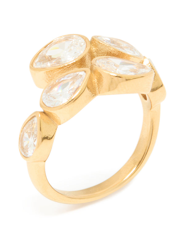 A waterproof gold plated stainless steel wrap ring with pear cut cubic zirconia in clear tone side detail view
