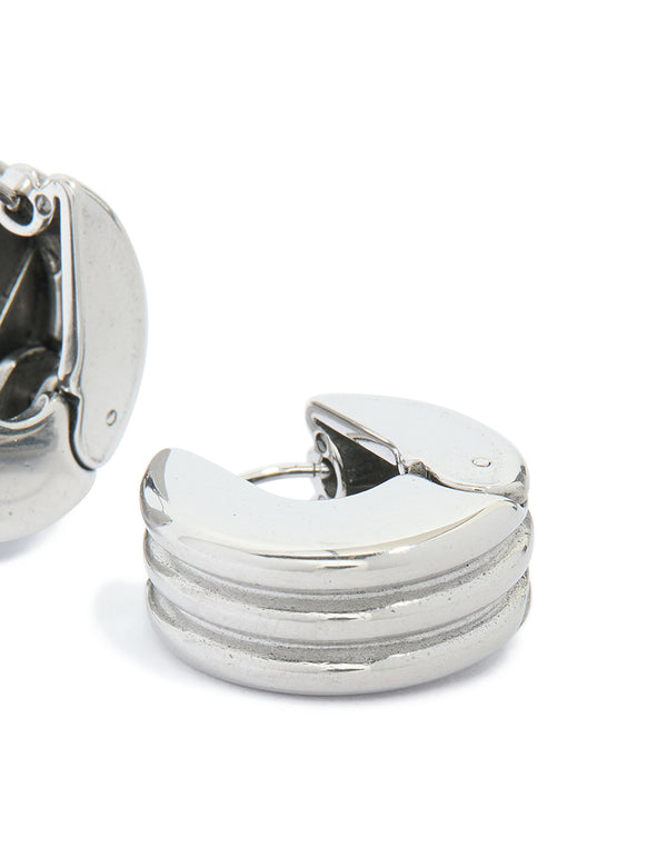Waterproof Stainless Steel Ribbed Circle Hinged Hoop Earrings