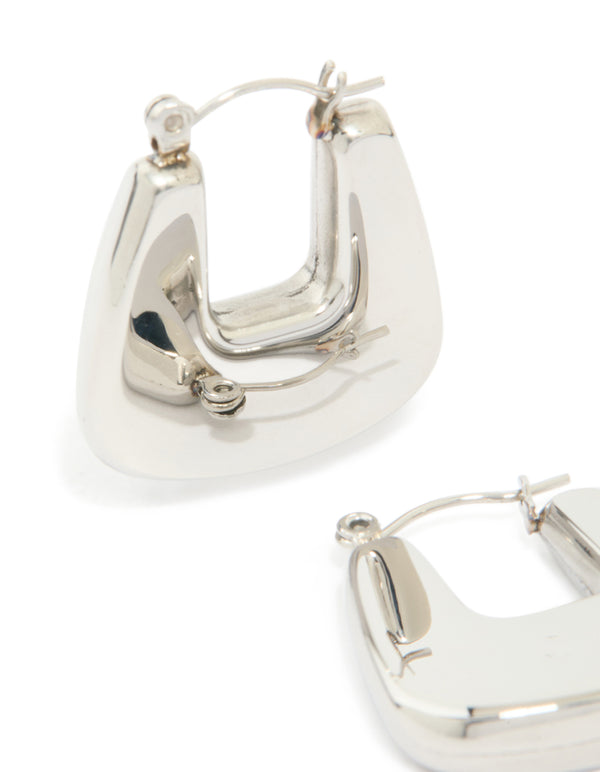 Crafted from waterproof stainless steel rounded square hoop earrings in silver post detail view