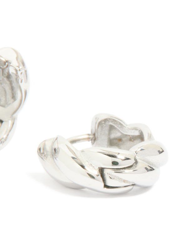 Designed with waterproof stainless steel, twisted hoop earrings in silver close up view