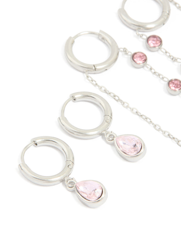 Waterproof Stainless Steel Pink Cubic Zirconia Chain Droplet & Classic Huggie Earrings 2-Pack