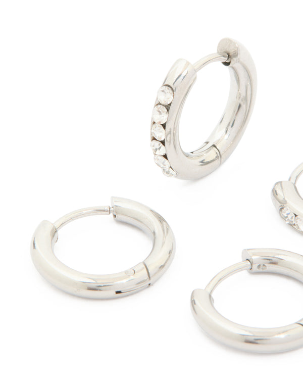 Waterproof Stainless Steel Cubic Zirconia & Smooth Chunky Huggie Earrings 2-Pack