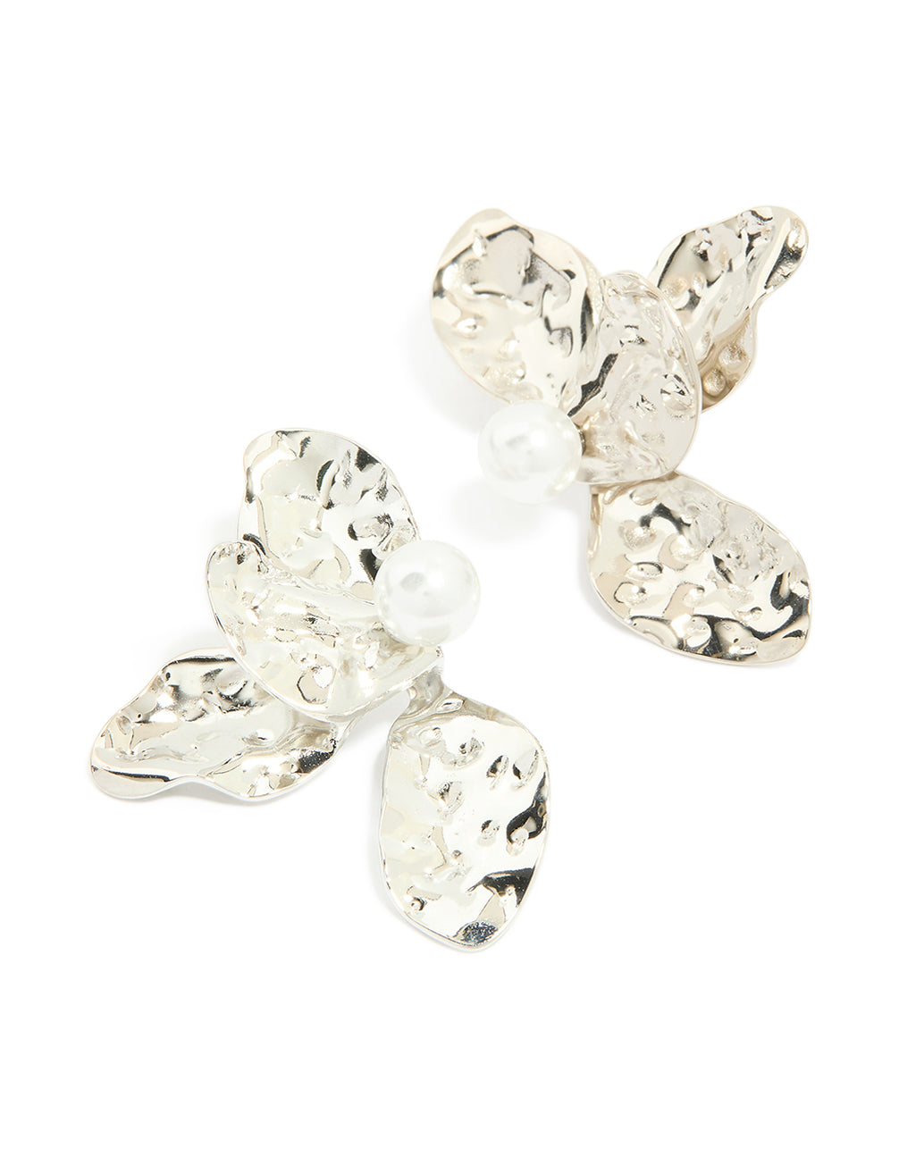 Showcasing large floral stud earrings crafted from waterproof stainless steel featuring pearl accents in silver and white front view