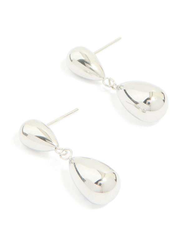 Crafted from waterproof stainless steel pear double drop earrings in silver front view