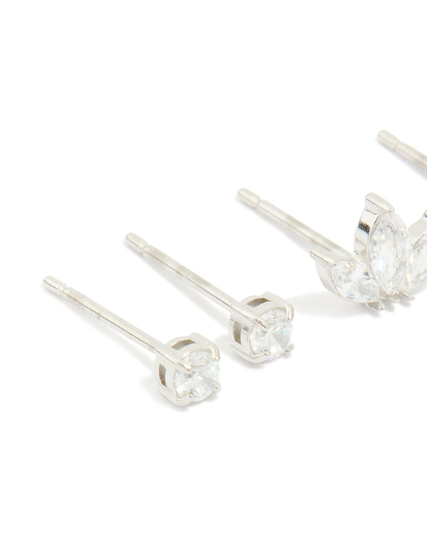 Waterproof Stainless Steel Cubic Zirconia Fine Marquise & Classic Stud Earrings 3-Pack
