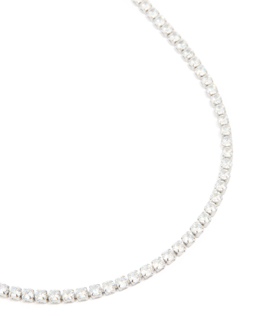 Featuring a waterproof stainless steel classic tennis necklace with cubic zirconia close up view