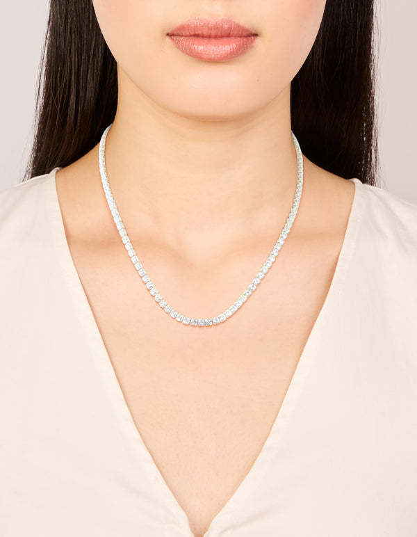 Showcasing a waterproof stainless steel classic tennis necklace with cubic zirconia on neck view