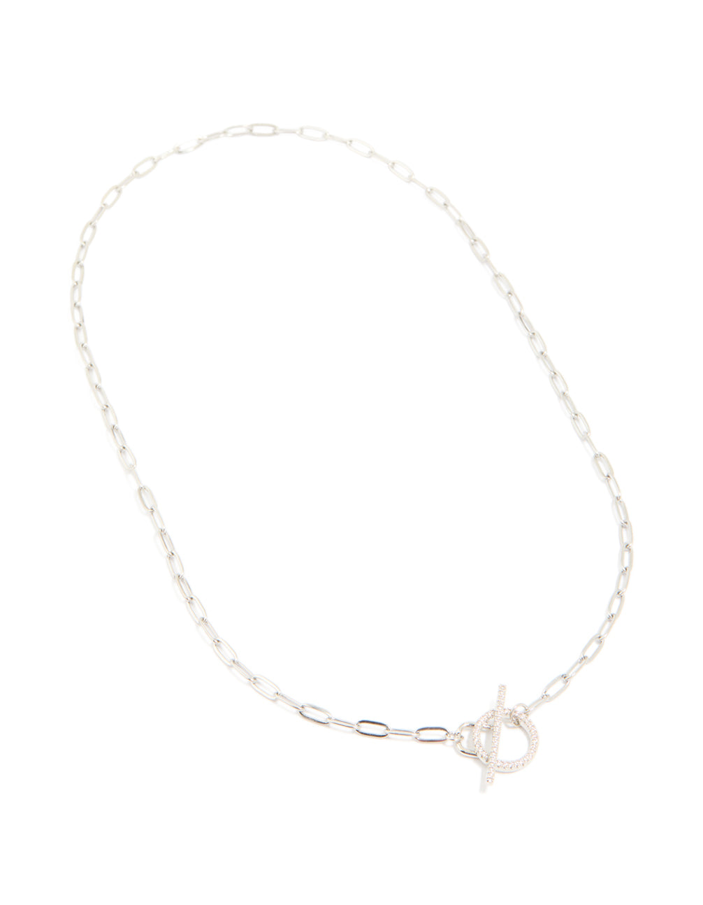 Beautifully crafted waterproof stainless steel cubic zirconia T-bar necklace featuring bar front view