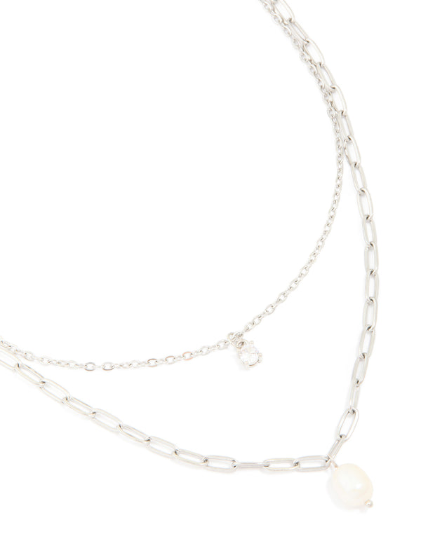 Waterproof Stainless Steel Diamante & Freshwater Pearl Chain Layered Necklace