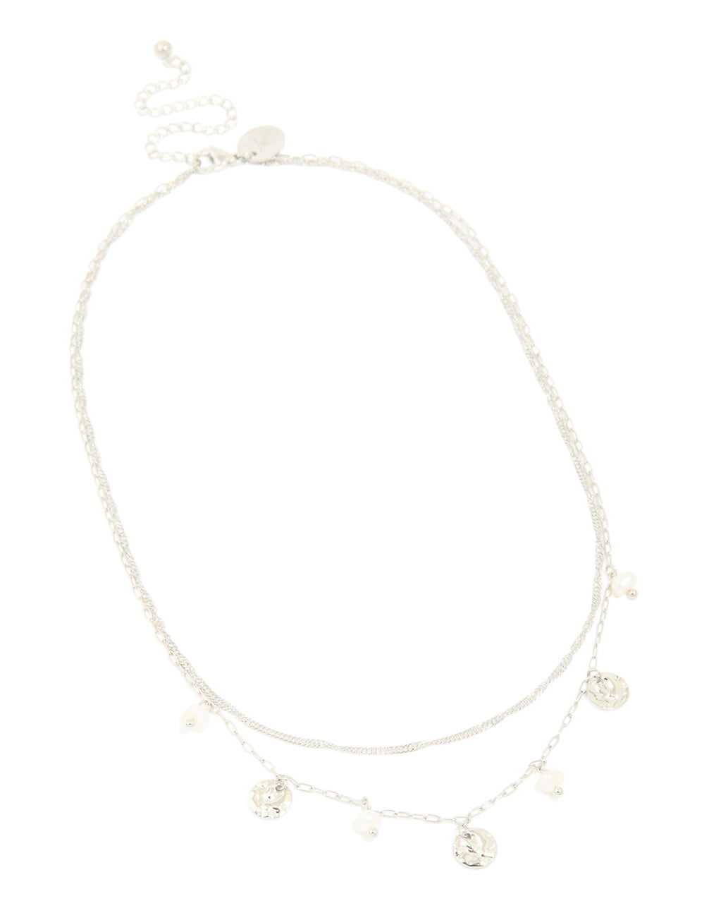 Beautifully crafted waterproof stainless steel layered necklace with charm & molting pendants and ivory pearls front view