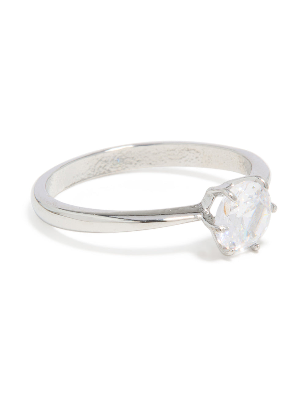 Showcasing a waterproof stainless steel diamante solitaire band ring crafted from silver and clear stone with statement styling side detail view