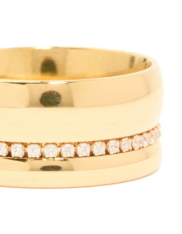 Waterproof Gold Plated Stainless Steel Cubic Zirconia Thick Band Pave Ring