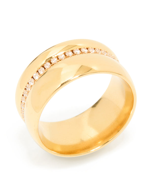 Waterproof Gold Plated Stainless Steel Cubic Zirconia Thick Band Pave Ring