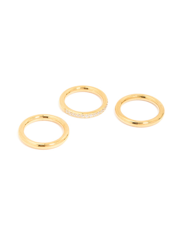 Waterproof Gold Plated Stainless Steel Cubic Zirconia Band & Smooth Rings 3-Pack