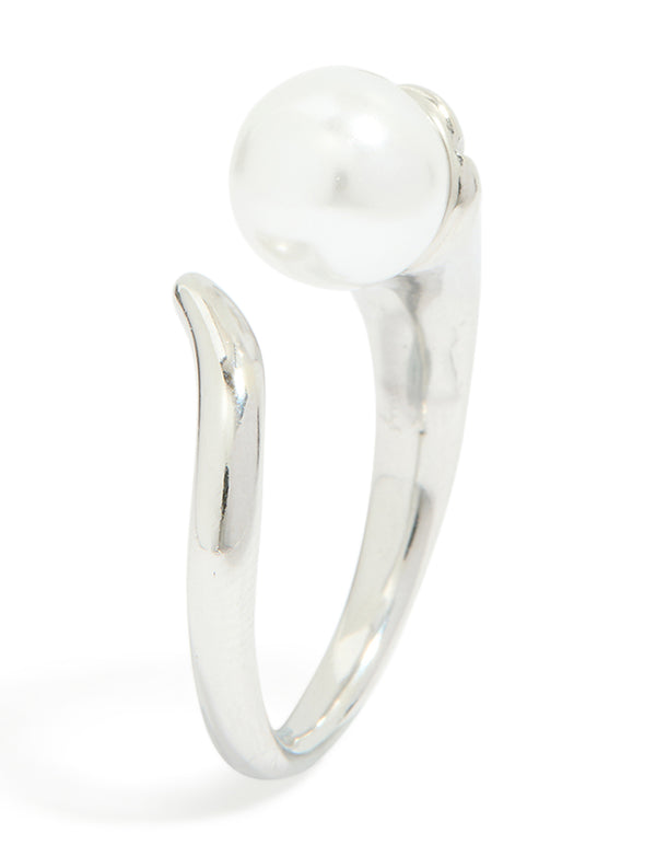 Crafted from waterproof stainless steel pearl open wrap around ring in silver and white side detail view