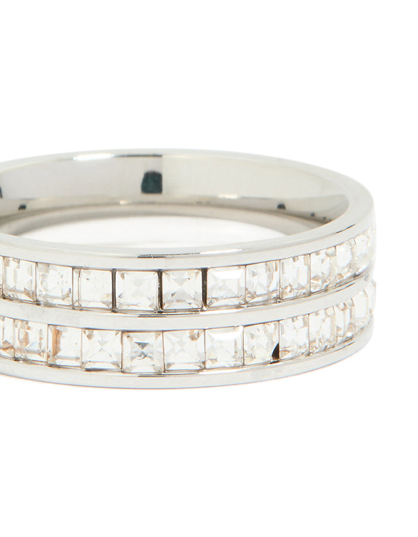 Beautiful waterproof stainless steel square cubic zirconia double layered ring in silver and clear stone close up view