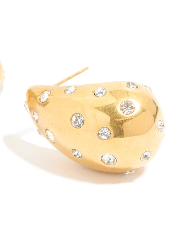 Presenting waterproof gold plated stainless steel diamante teardrop bubble earrings with curved form and crystal embellished surface post detail view