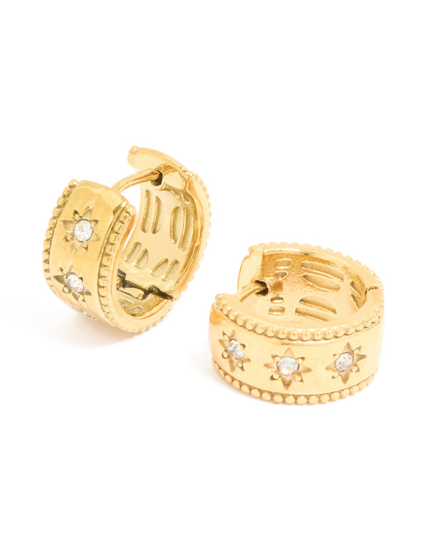 Waterproof Gold Plated Stainless Steel Cubic Zirconia Celestial Etched Hoop Earrings