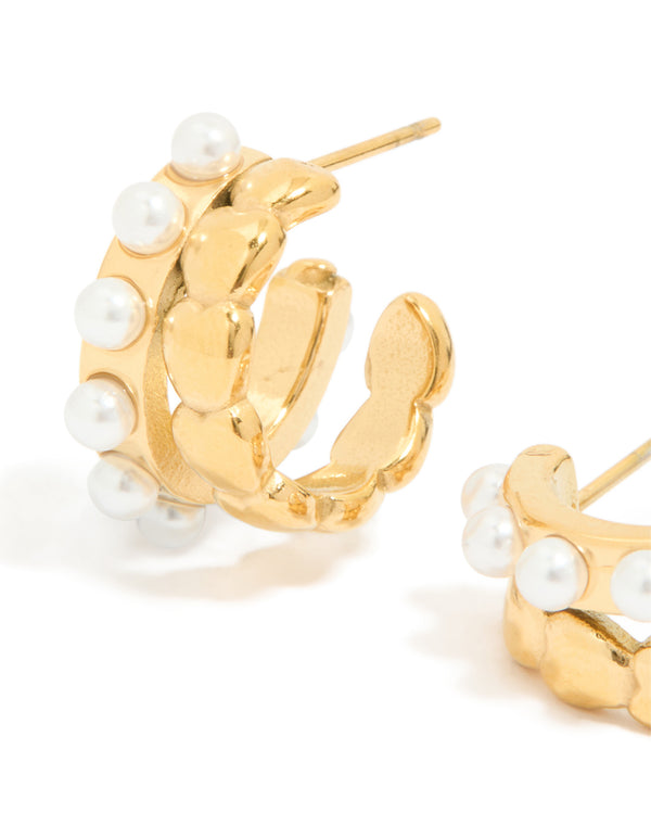 Waterproof Gold Plated Stainless Steel Pearl & Disc Hoop Earrings