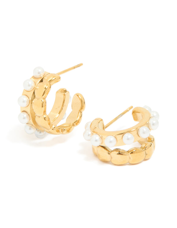 Waterproof Gold Plated Stainless Steel Pearl & Disc Hoop Earrings