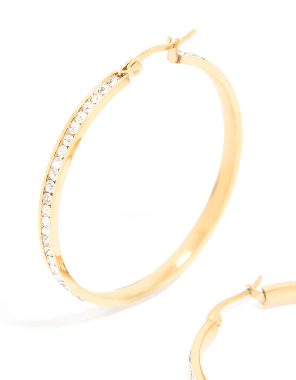 Crafted from waterproof gold plated stainless steel diamante hoop earrings 45 MM close up view