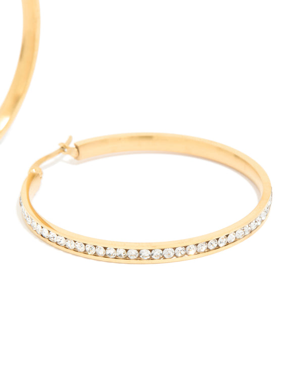 Waterproof Gold Plated Stainless Steel Diamante Hoop Earrings 45 MM
