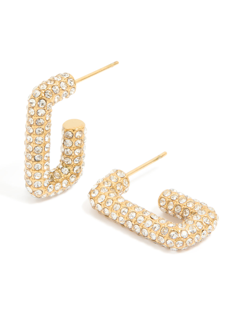 Featuring waterproof diamante pavé rectangle hoop earrings in stainless steel and gold plated finish front view
