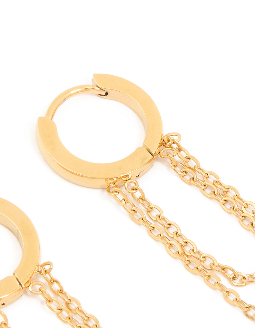 Showcasing dainty waterproof gold plated stainless steel multi chain huggie earrings and closure mechanism post detail view