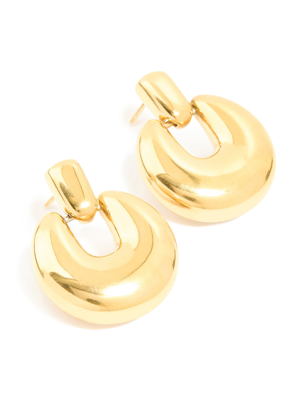 Showcasing waterproof gold plated stainless steel round doorknocker earrings front view