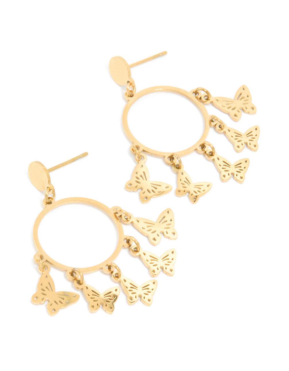 Featuring waterproof gold plated stainless steel butterfly hoop earrings with charm details front view