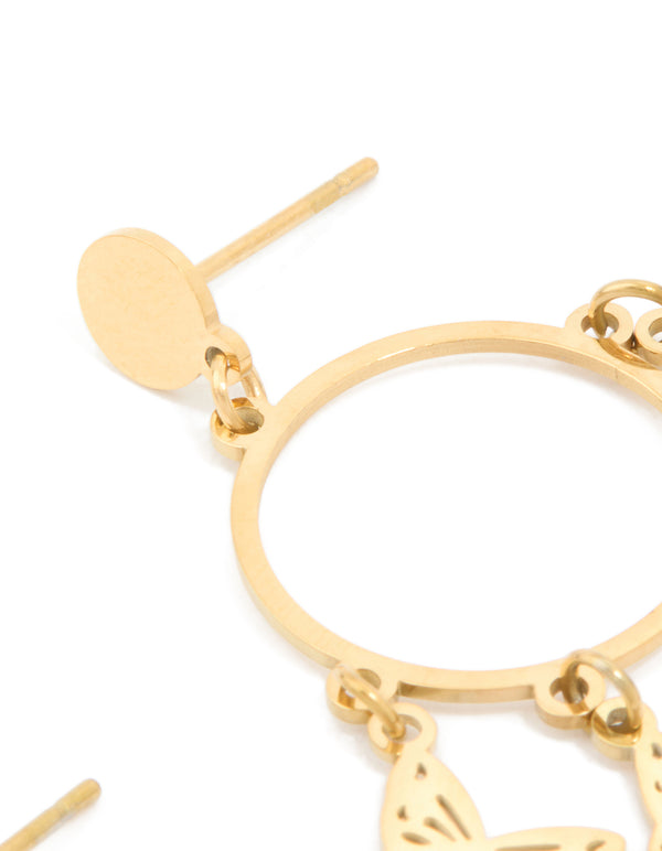 Highlighting waterproof gold plated stainless steel butterfly hoop earrings with charm details post detail view