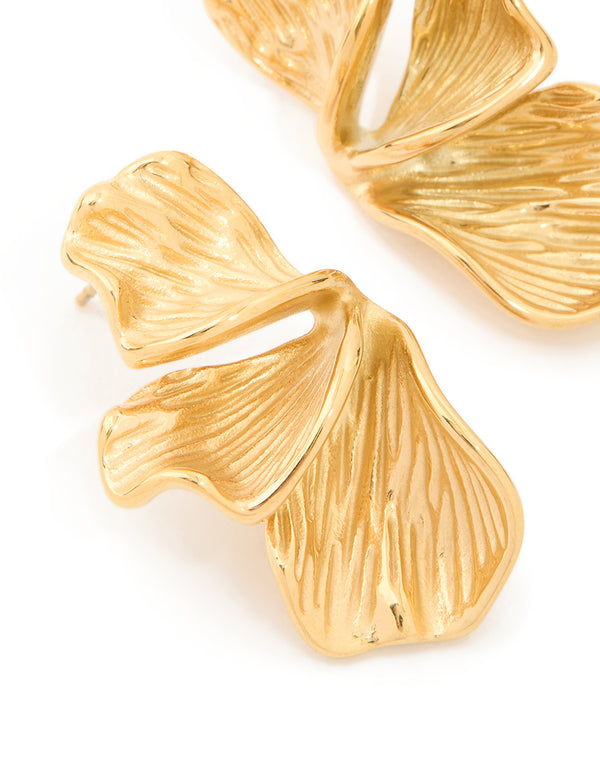 Explore these waterproof gold plated stainless steel petal fan earrings close up view