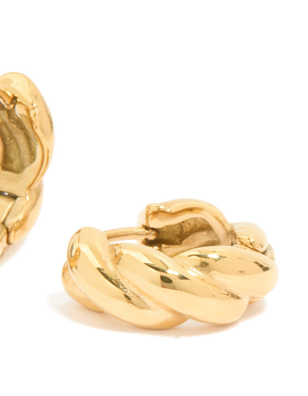 These waterproof gold plated stainless steel plaited detail huggie earrings in post detail view