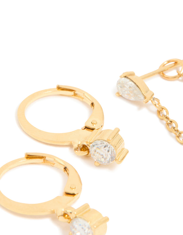 Waterproof Gold Plated Stainless Steel Cubic Zirconia Pavé Earrings Stacking Pack