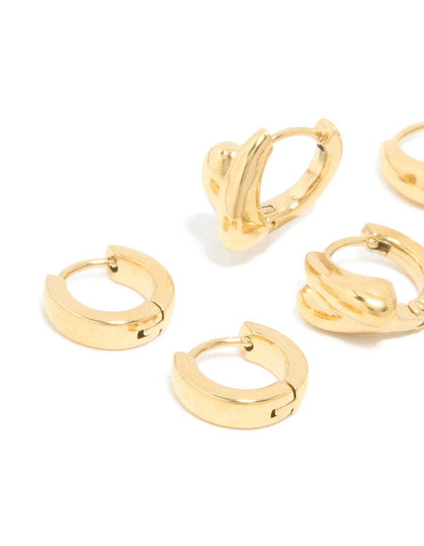 Waterproof Gold Plated Stainless Steel Chunky Huggie Earrings 3-Pack