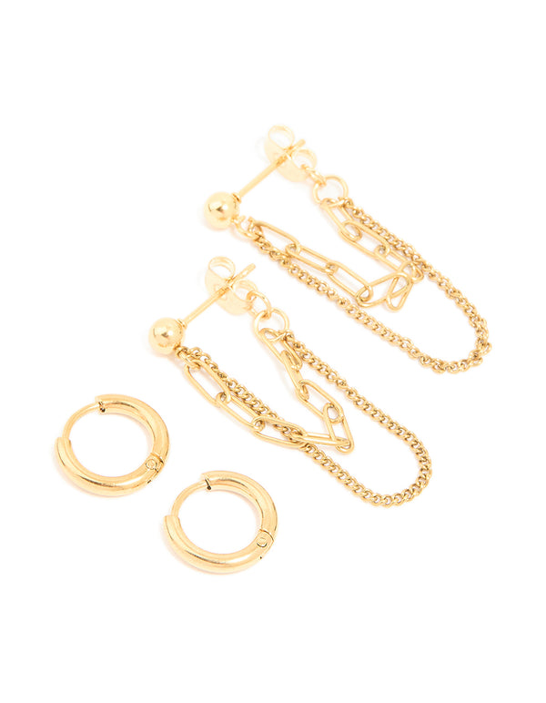 Waterproof Gold Plated Stainless Steel Classic Chain Earrings & Huggie Earrings 2-Pack