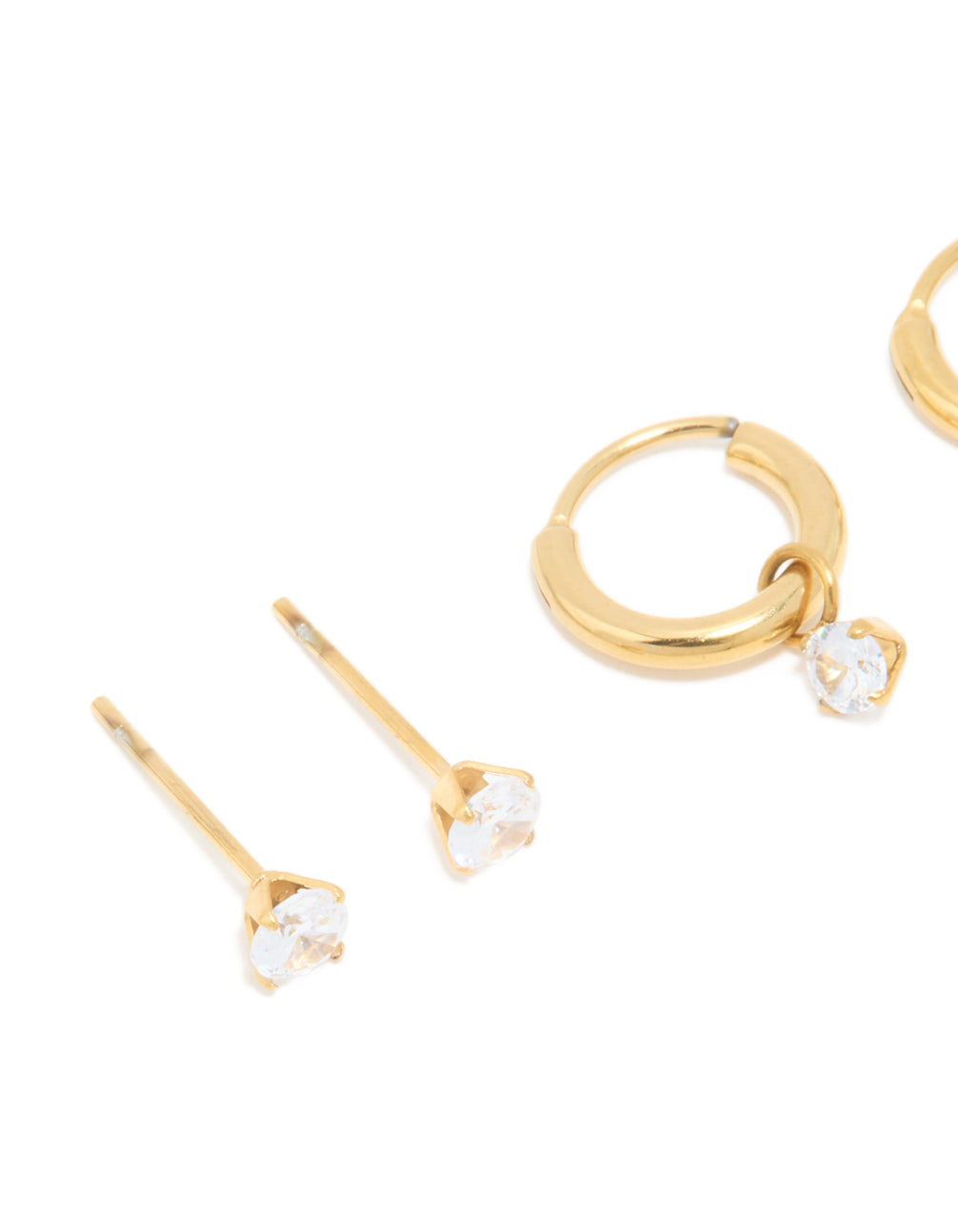 Waterproof Gold Plated Stainless Steel Cubic Zirconia Hoop & Stud Earrings 3-Pack