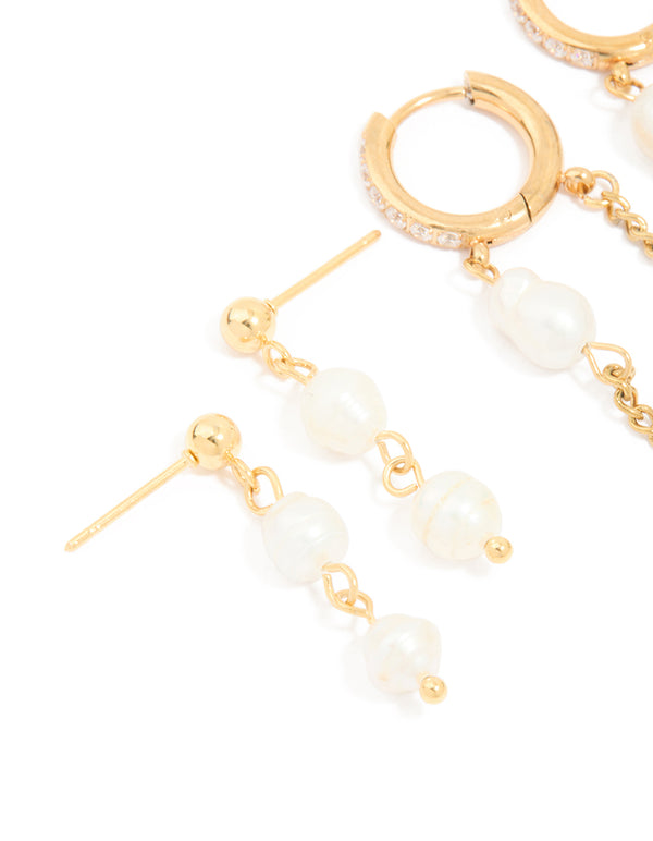 Waterproof Gold Plated Stainless Steel Pearl Drop & Chain Earrings 2-Pack