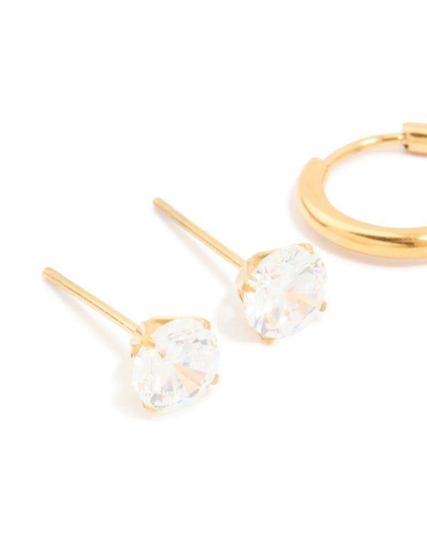 Waterproof Gold Plated Stainless Steel Cubic Zirconia Huggie & Stud Earrings 3-Pack