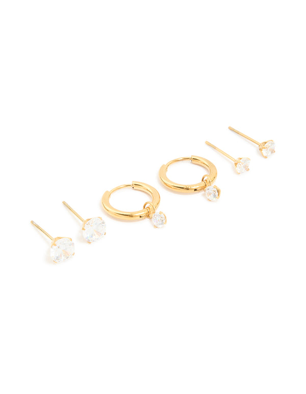 Waterproof Gold Plated Stainless Steel Cubic Zirconia Huggie & Stud Earrings 3-Pack
