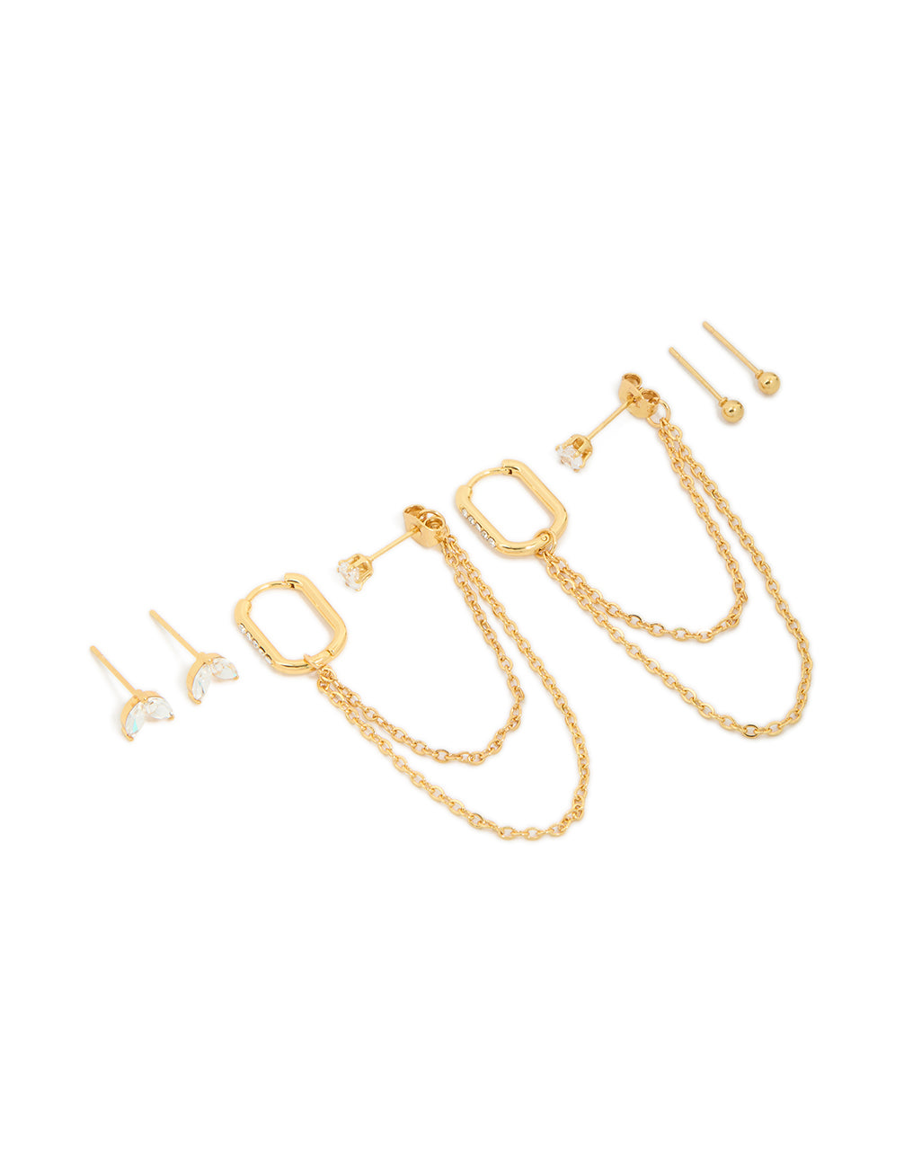 Discover waterproof gold plated stainless steel cubic zirconia mix earrings in a 3-pack with huggie and stud closures front view