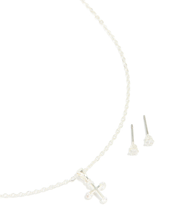Silver Cubic Zirconia Cross Necklace & Classic Stud Earrings Set