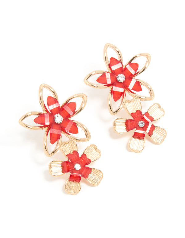 Gold Red & White Acrylic Flower Layered Earrings