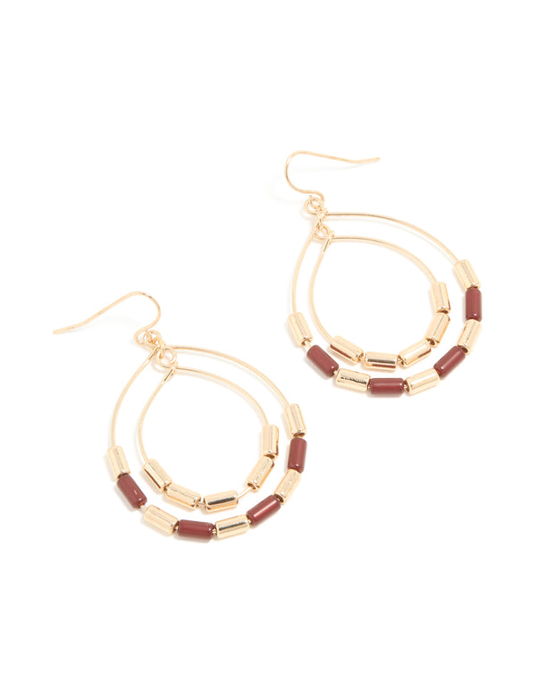 Gold Brown Beaded Pear Drop Earrings