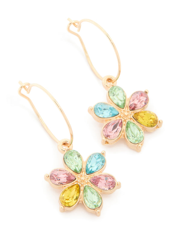 Crafted from gold multicoloured diamante flower huggie earrings with pink, yellow, and aqua accents in huggie closure front view