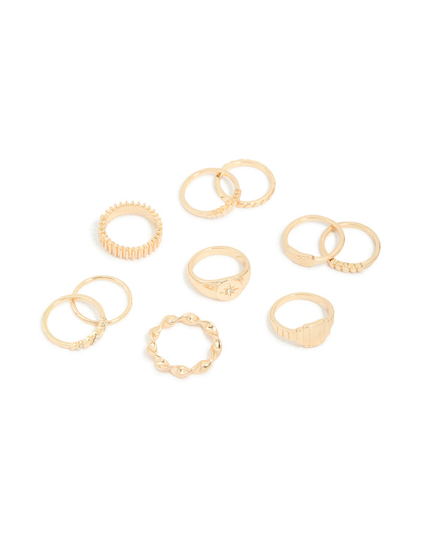 Gold Signet Ribbed & Twisted Rings 10-Pack